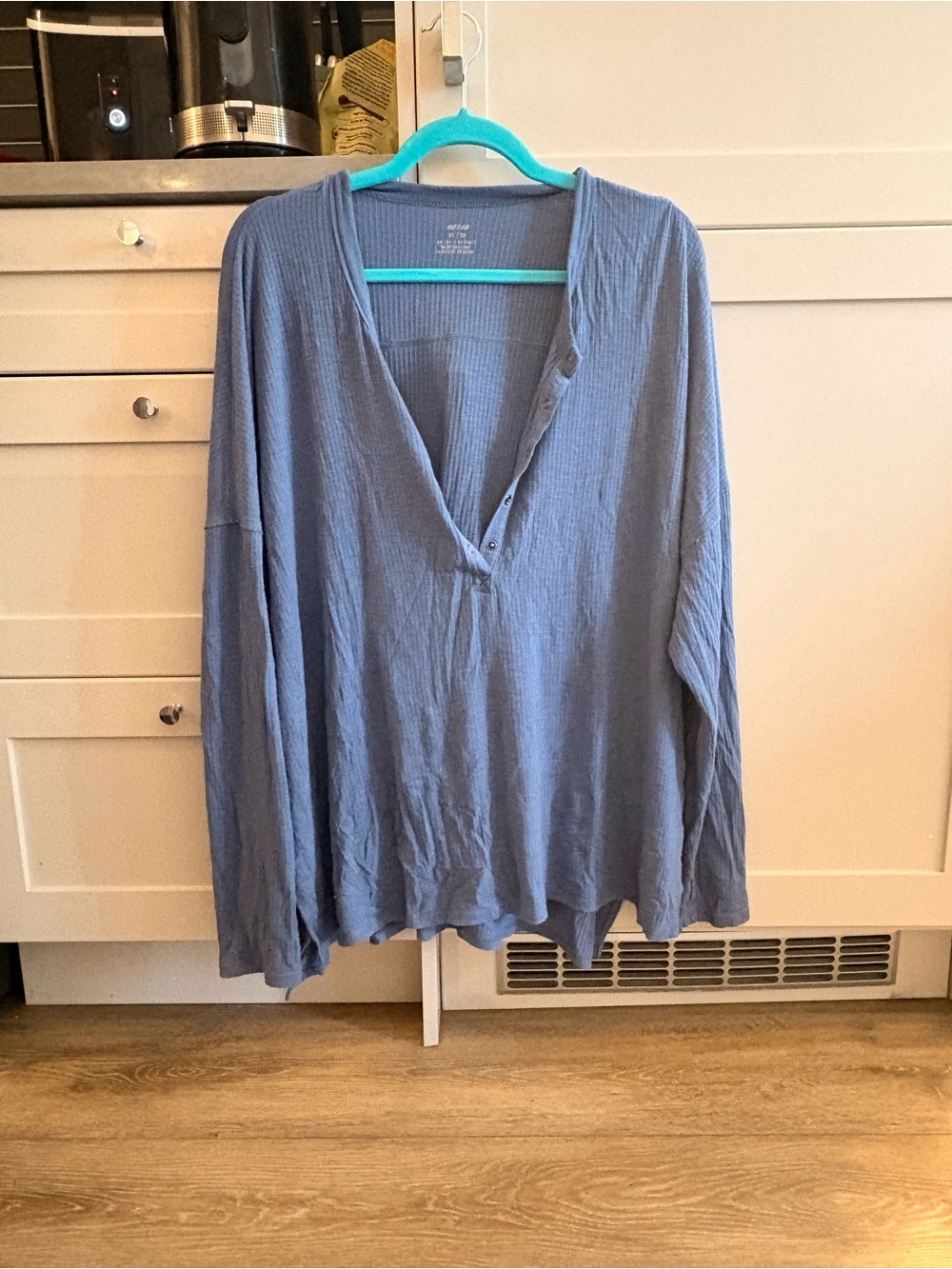 aerie Dusty Blue Ribbed V-Neck Long Sleeve Top